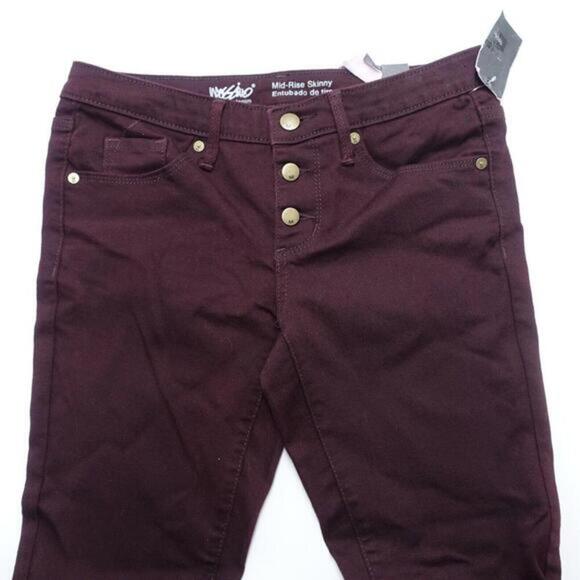 Mossimo Jeans Womens 2 Burgundy Denim Stretch Visible Button Fly Mid-Rise Skinny - Picture 3 of 8